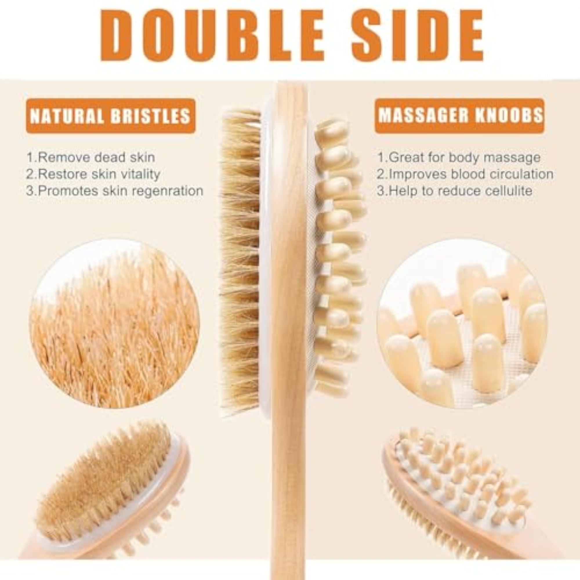 Back Scrubber with Long Wooden Handle, Dual-Sided Exfoliating Brush